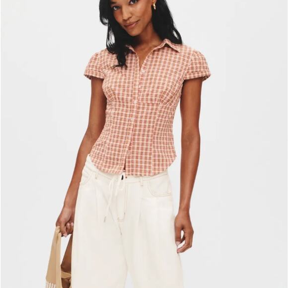 Lioness Brown Gingham Button Up Top XS Tailored Picnic Plaid Cottage Preppy $59 - Picture 1 of 13